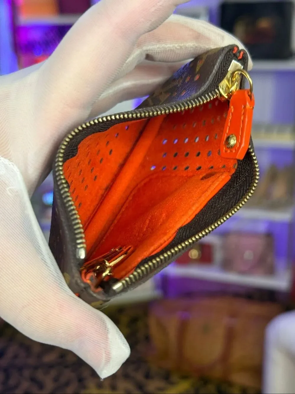 NIB Louis Vuitton Perforated Pochette Cles Orange Monogram Canvas Leather Wallet